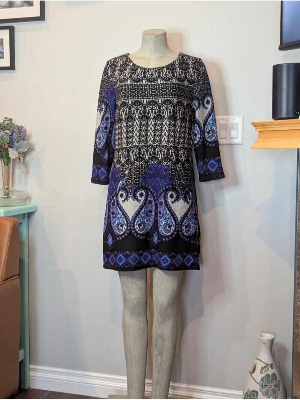 Papa Vancouver Black & Purple Paisley Patterned Shift Dress Soft Knit Size Large